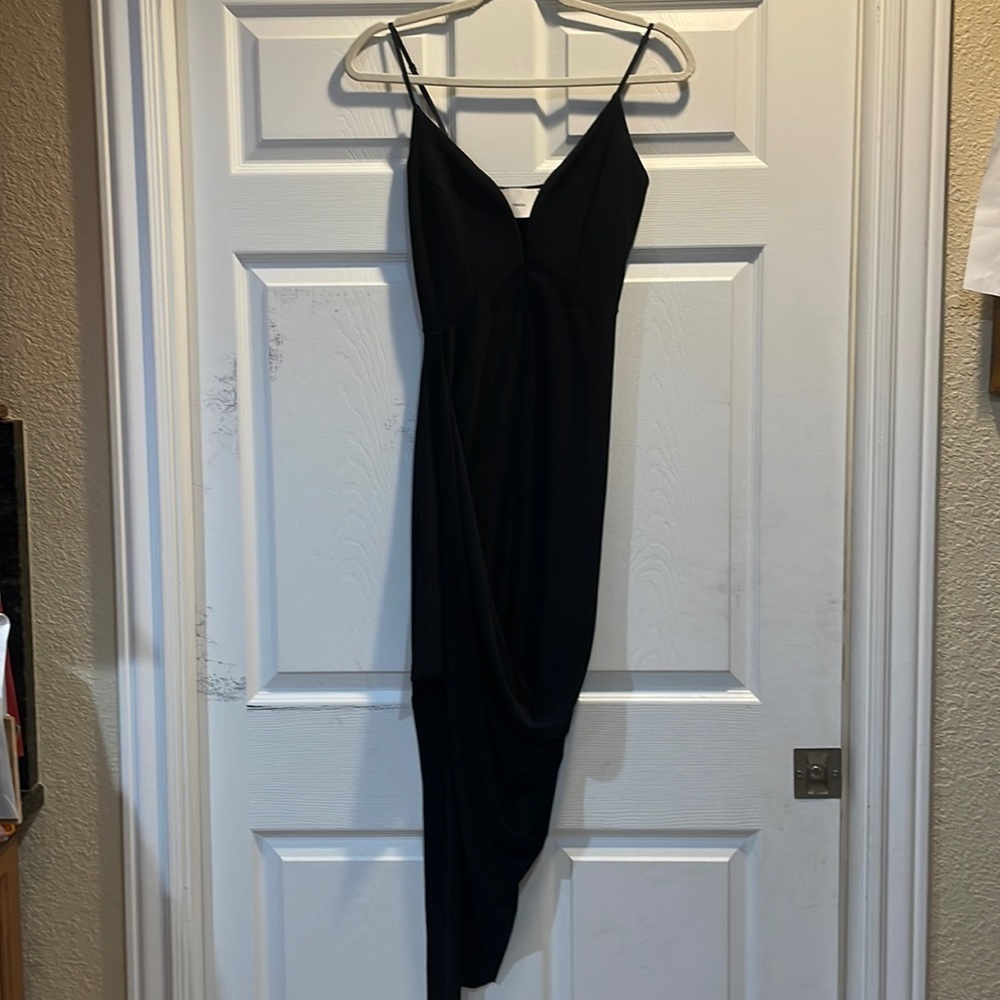 Okakie Black Jersey Knit Draped Asymetrical Deep V-Neck Dress S